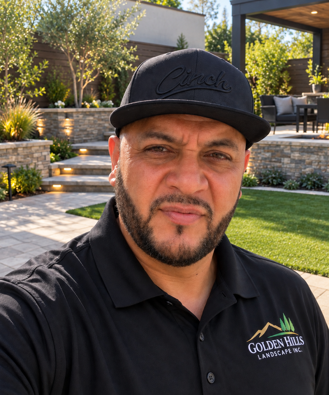 Alonso, owner of Golden Hills Landscape, wearing a company polo shirt in a finished backyard with a paver patio, stone retaining walls and landscape lighting